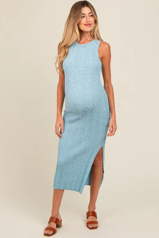 Long - train midi dress for a formal and dramatic lookLight Blue Ribbed Side Slit Sleeveless Maternity Midi Dress