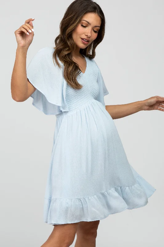 "Elegant wedding guest dresses for women under $100"Light Blue Smocked Front Ruffle Hem Maternity Dress