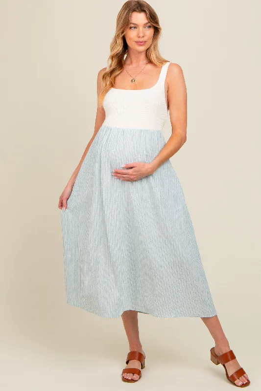 Cut - out midi dress for a daring and edgy lookLight Blue Striped Knit Contrast Maternity Midi Dress