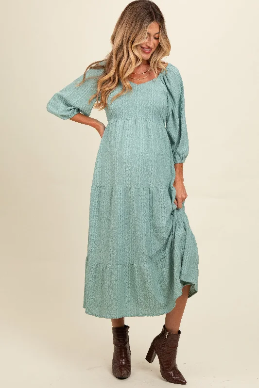 Midi dress for curvy figures with a flattering fitLight Olive Embroidered Tiered Maternity Midi Dress