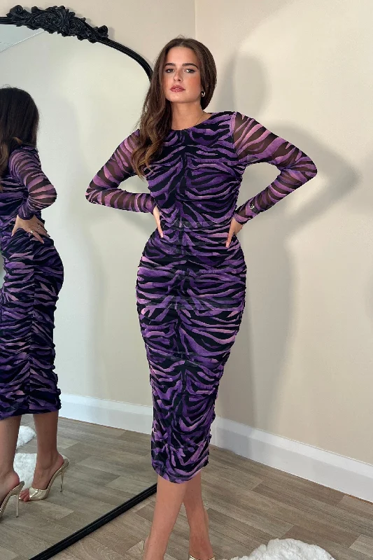 Tiered Party Dresses with Floral Applique for Ladies' Garden PartiesLilah Long Sleeves Midi Mesh Dress Purple Tiered Party Dresses with Floral Applique for Ladies' Garden PartiesLilah Long Sleeves Midi Mesh Dress Purple