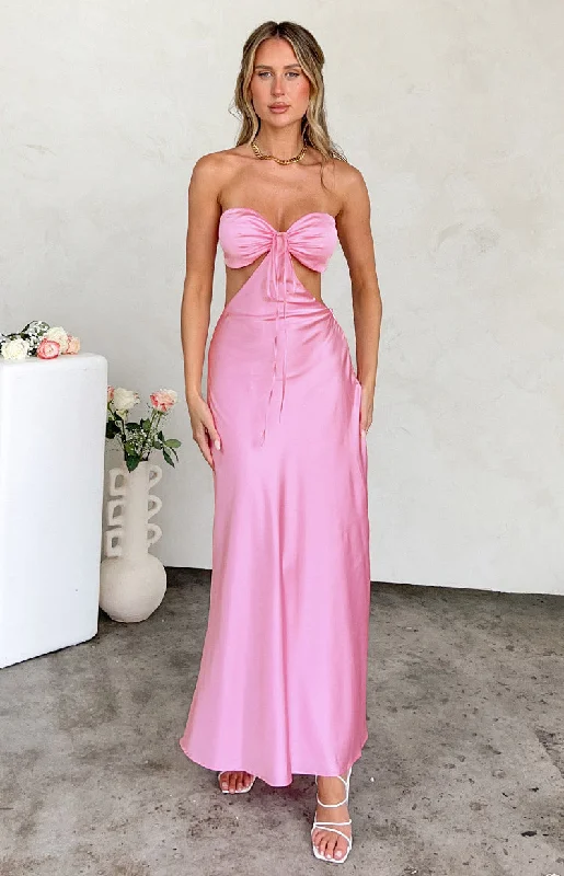 Embroidered Party Dresses with Metallic Thread for Ladies' Cultural FestivalsLili Pink Satin Strapless Maxi Dress Embroidered Party Dresses with Metallic Thread for Ladies' Cultural FestivalsLili Pink Satin Strapless Maxi Dress