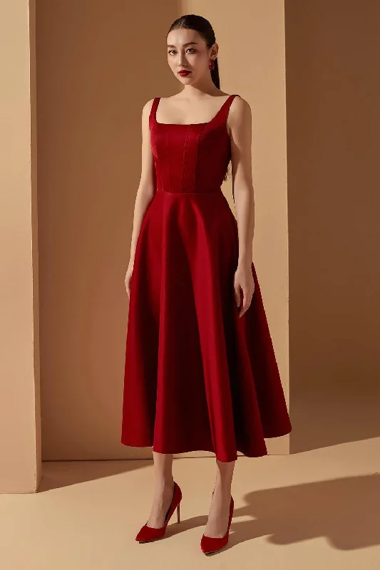 Polka - dot midi dress for a cute and retro lookLiliana A-line Square Neck Taffeta Midi Dress