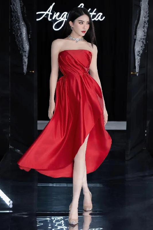 Ruffled hem midi dress for a charming and playful vibeLique Asymmetric Straight Across Neck Polyester Midi Dress