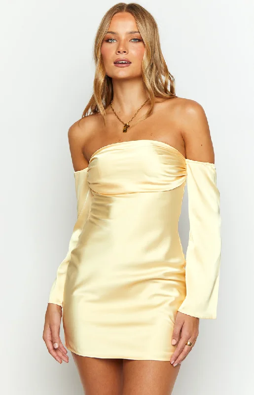 Taffeta Party Dresses with Pleated Bodice for Ladies' Structured and Formal LookLita Yellow Satin Mini Dress Taffeta Party Dresses with Pleated Bodice for Ladies' Structured and Formal LookLita Yellow Satin Mini Dress