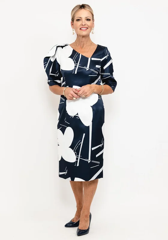 Midi dress for sports activities like horseback riding or yogaLizabella Asymmetrical Neck Midi Dress, Navy & White