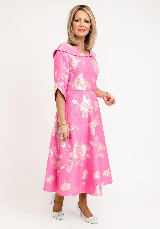 Designer - brand midi dress with a high - end labelLizabella Collared Neckline Textured Floral Midi Dress, Hot Pink