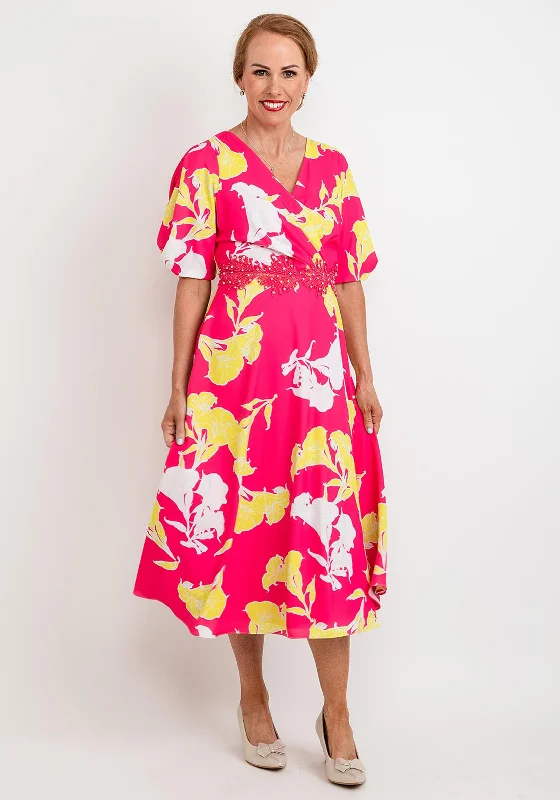Midi dress for a picnic in the park with a relaxed and comfortable fitLizabella Floral Embroidered Waist Midi Dress, Pink & Yellow