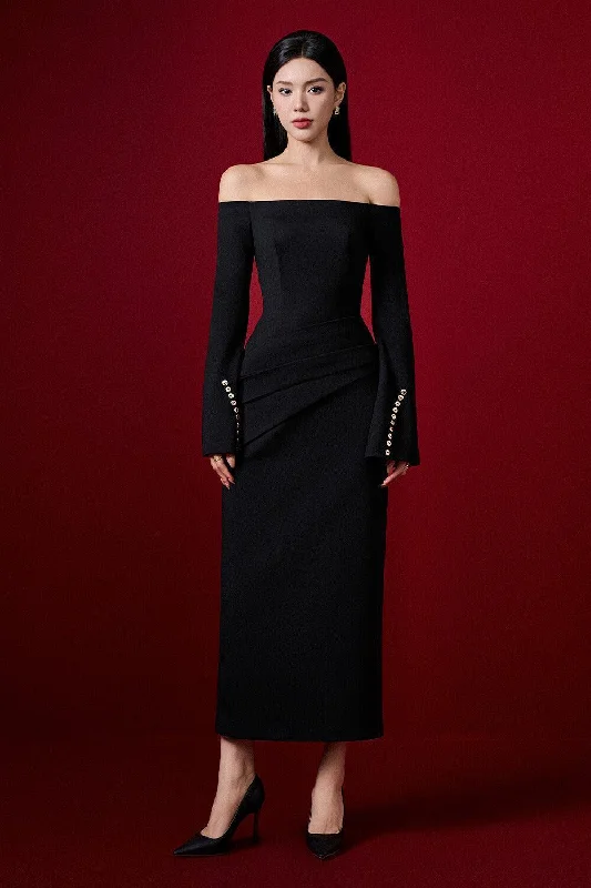 Designer - brand midi dress with a high - end labelLouisa Sheath Off-Shoulder Spandex Midi Dress