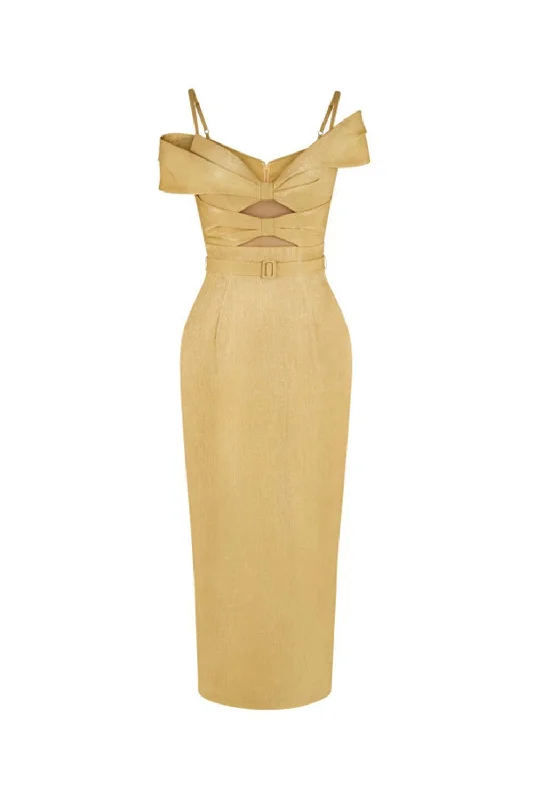 Midi dress suitable for office - appropriate casual wearMadalena Pegged Cold Shoulder Sleeved Polyester Silk Midi Dress