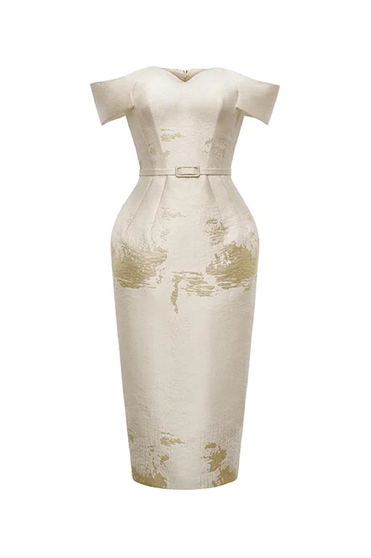 Bow - decorated midi dress for a feminine and charming lookMadeleine Pegged Off-Shoulder Nacre Taffeta Midi Dress