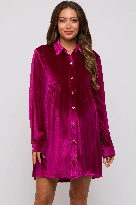 "Elegant wedding guest dresses for women under $100"Magenta Velvet Button Down Maternity Dress