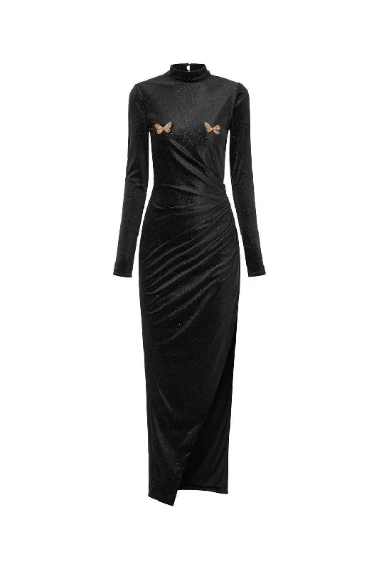 Floral print chiffon midi dress for a feminine and elegant lookMaren Asymmetric Slit Hem Velvet Midi Dress