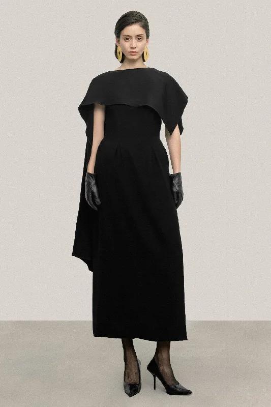 High - low hem midi dress for a modern and stylish lookMatilda A-line Cape Shoulder Crepe Midi Dress