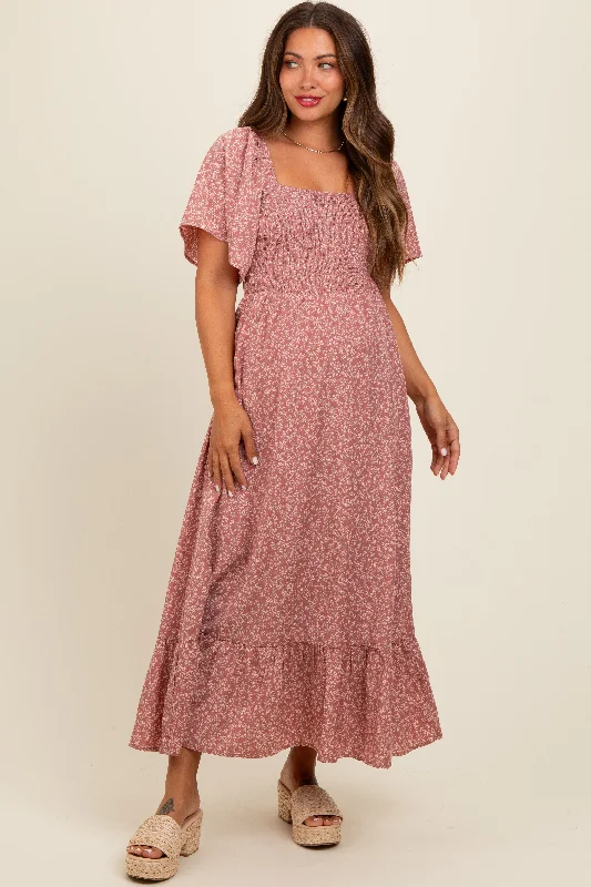 Midi dress for a dance party to show off your movesMauve Flowy Ditsy Floral Smocked Maternity Midi Dress