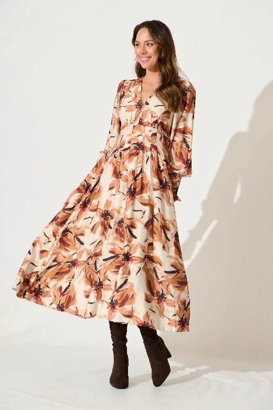 Party Dresses with Lace Insertions on the Skirt and Beaded Waistband for Ladies' Feminine and Glamorous LookMeriton Maxi Dress In Cream And Coffee Floral Print Party Dresses with Lace Insertions on the Skirt and Beaded Waistband for Ladies' Feminine and Glamorous LookMeriton Maxi Dress In Cream And Coffee Floral Print