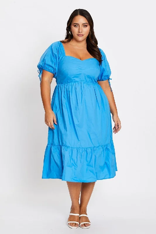 Party Dresses with High Neck and Embroidered Back for Ladies' Modest and Intricate LookMid Blue Short Puff Sleeve Blue Bust Detail Dress Party Dresses with High Neck and Embroidered Back for Ladies' Modest and Intricate LookMid Blue Short Puff Sleeve Blue Bust Detail Dress