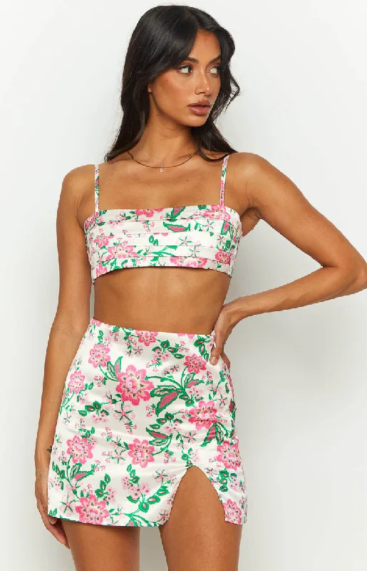 Party Dresses with Ruffled Sleeves and High Neck for Ladies' Dramatic and Elegant LookMiranda White Floral Satin Mini Skirt
