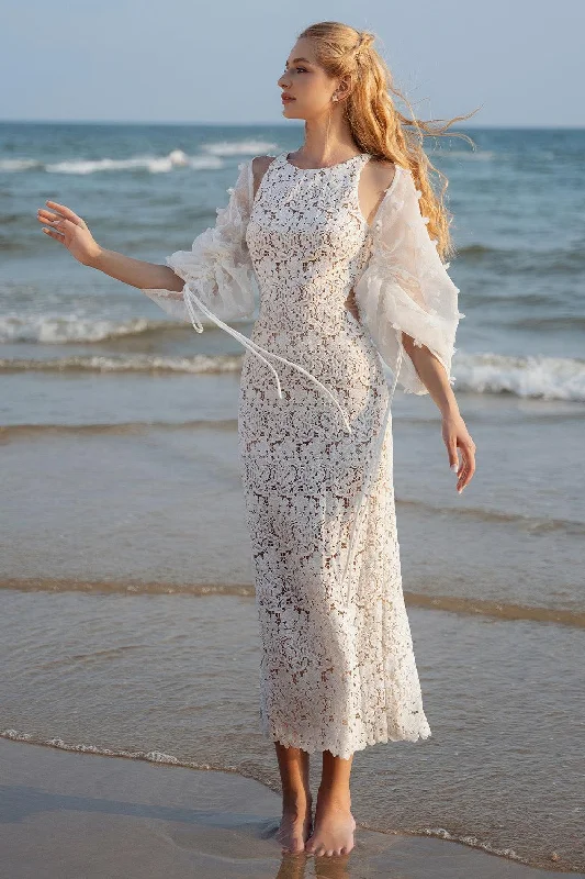 Scoop neck midi dress for a casual and comfortable styleMiyake Sheath Round Neck Lace Midi Dress