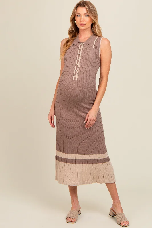 Hooded midi dress for a casual and cozy styleMocha Knit Button Front Contrast Border Maternity Midi Dress
