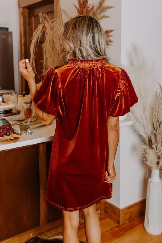 Party Dresses with Embroidered Floral Patterns and Tassel Hem and Sequined Bodice for Ladies' Bohemian and Glamorous LookModern Marvel Velvet Mini Dress In Rust