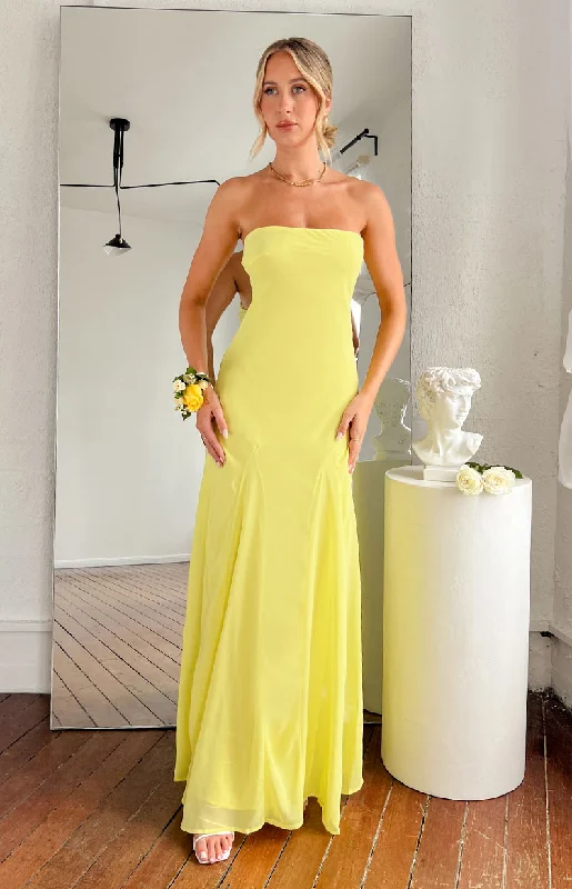 Party Dresses with Lace Insertions on the Skirt and Beaded Waistband and Ruffled Hem for Ladies' Feminine and Flirty LookMyka Yellow Strapless Maxi Dress Party Dresses with Lace Insertions on the Skirt and Beaded Waistband and Ruffled Hem for Ladies' Feminine and Flirty LookMyka Yellow Strapless Maxi Dress