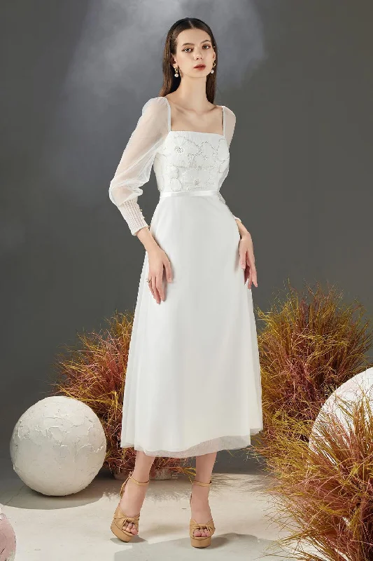 Midi dress for evening events when paired with the right accessoriesNatalie A-line Square Neck Organza Midi Dress Midi dress for evening events when paired with the right accessoriesNatalie A-line Square Neck Organza Midi Dress