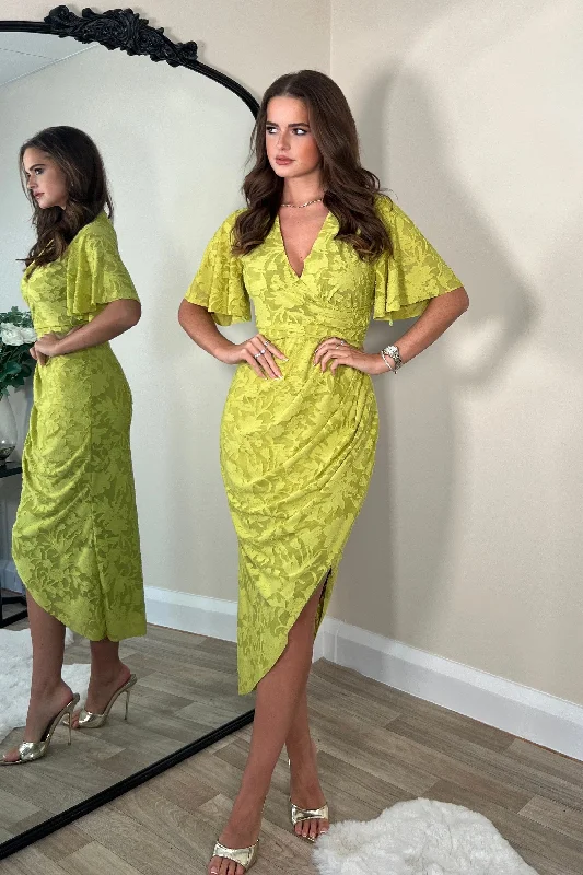 Empire waist midi dress for a flattering and feminine fitNatasha Angel Sleeve Wrap Midi Dress Lime