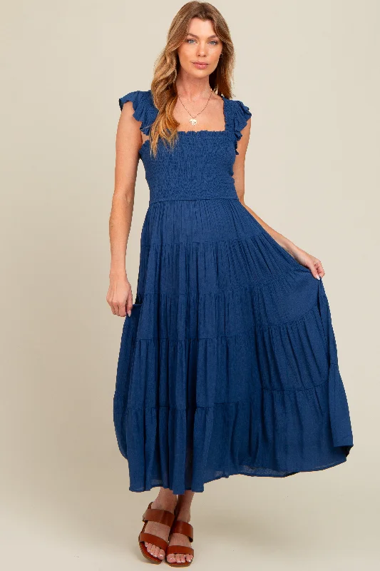 Empire waist midi dress for a flattering and feminine fitNavy Blue Smocked Tiered Ruffle Strap Maternity Midi Dress
