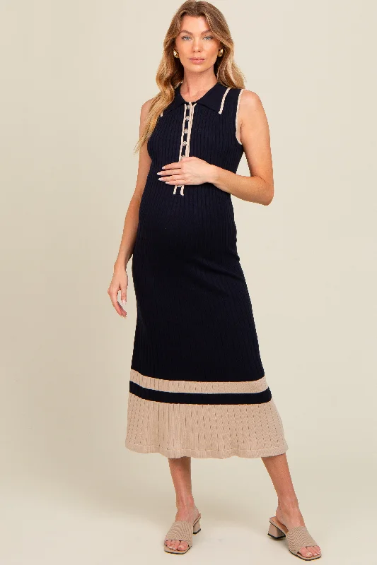 Striped cotton midi dress for a classic and timeless lookNavy Knit Button Front Contrast Border Maternity Midi Dress