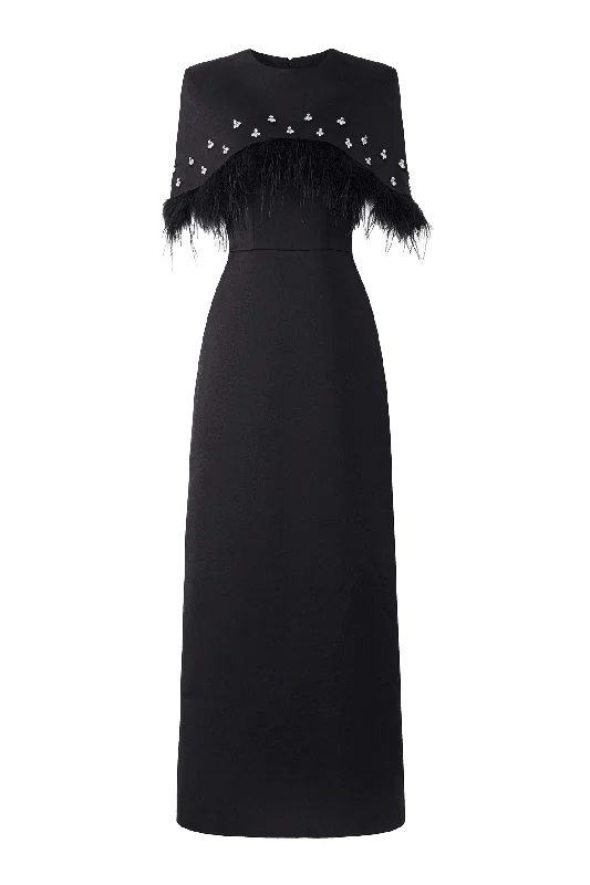 Midi dress for a date when styled with a cute top and heelsNavy Sheath Cape Shoulder Taffeta Midi Dress