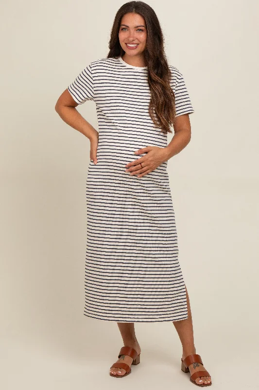 High - low hem midi dress for a modern and stylish lookNavy Striped Short Sleeve Maternity T-Shirt Midi Dress