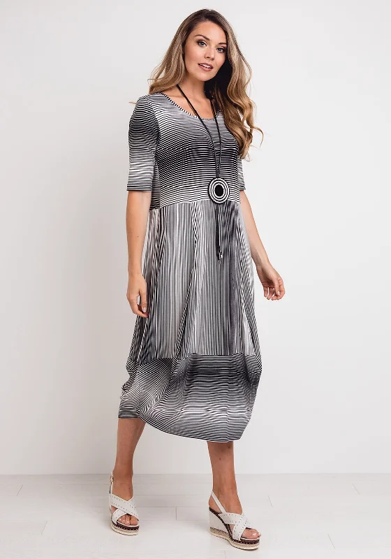 A - line satin midi dress for a formal and elegant occasionNaya Striped Relaxed Fit Midi Dress, Black & White