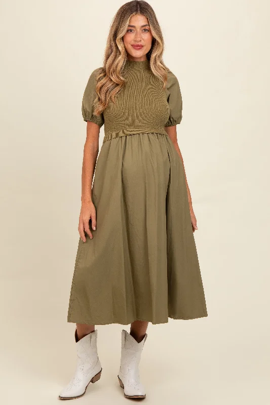 Floral print chiffon midi dress for a feminine and elegant lookOlive Contrast Knit Bodice Maternity Midi Dress Floral print chiffon midi dress for a feminine and elegant lookOlive Contrast Knit Bodice Maternity Midi Dress