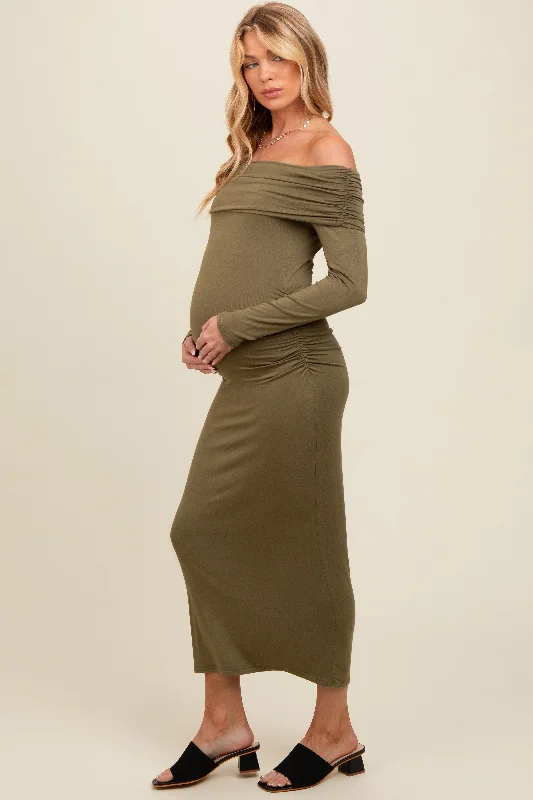 70s - inspired bohemian midi dress with a free - spirited lookOlive Foldover Off Shoulder Long Sleeve Maternity Midi Dress