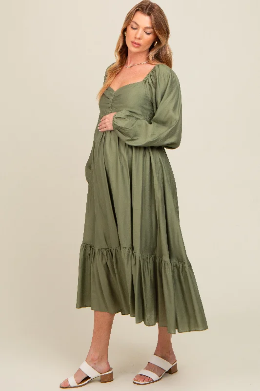 Midi dress for a business - casual setting when paired with a blazerOlive Front Ruched Babydoll Maternity Midi Dress