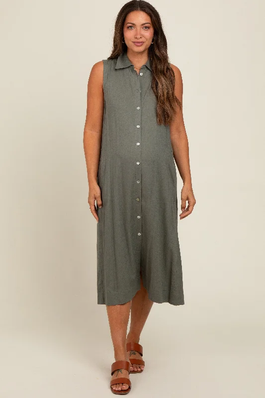 Midi dress for a picnic in the park with a relaxed and comfortable fitOlive Linen Button Down Maternity Midi Dress