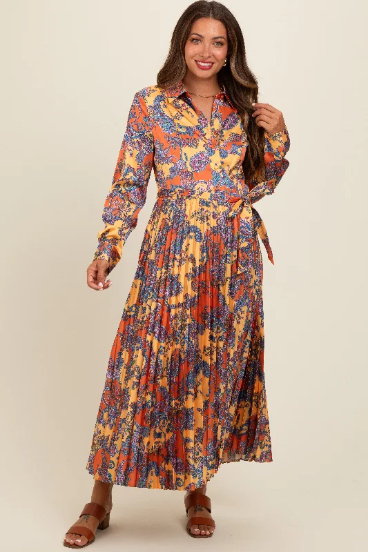 Midi dress for a barbecue with friends and familyOrange Paisley Print Pleated Button Down Maternity Midi Dress