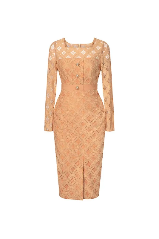 Geometric - pattern midi dress for a modern and stylish appearancePaulette Pegged Long Sleeved Lace Midi Dress
