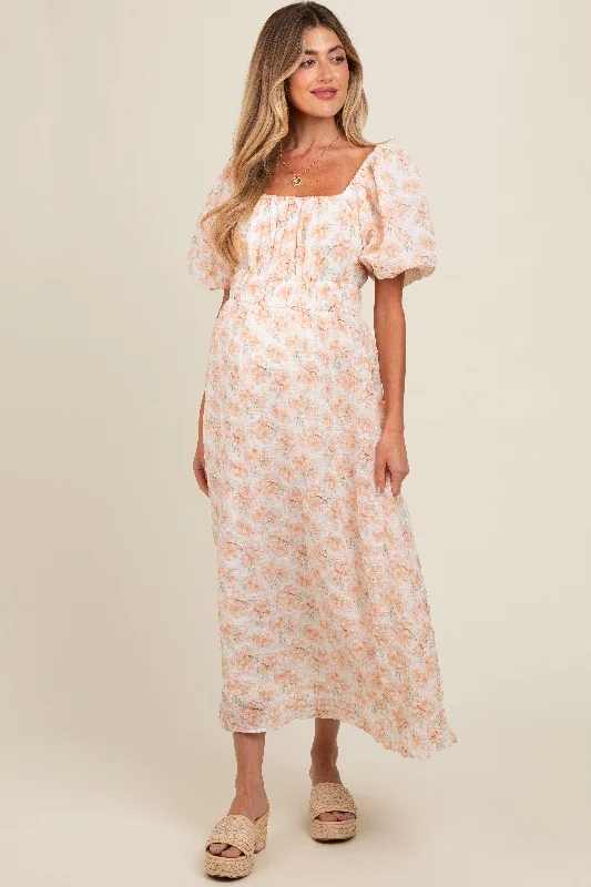 Midi dress for curvy figures with a flattering fitPeach Floral Puff Sleeve Maternity Midi Dress