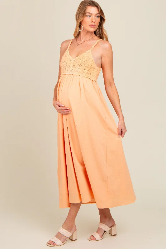 Split - hem midi dress for added mobility and a trendy stylePeach V-Neck Crochet Top Maternity Midi Dress