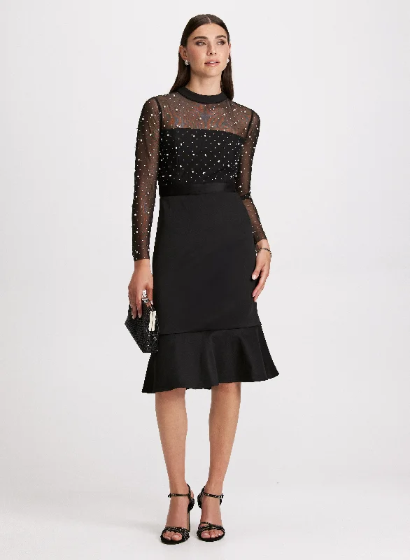 Party Dresses with Beaded Floral Wreath on the Bodice and High Low Hem for Ladies' Delicate and Dramatic LookPearl Embellished Mesh Detail Dress Party Dresses with Beaded Floral Wreath on the Bodice and High Low Hem for Ladies' Delicate and Dramatic LookPearl Embellished Mesh Detail Dress