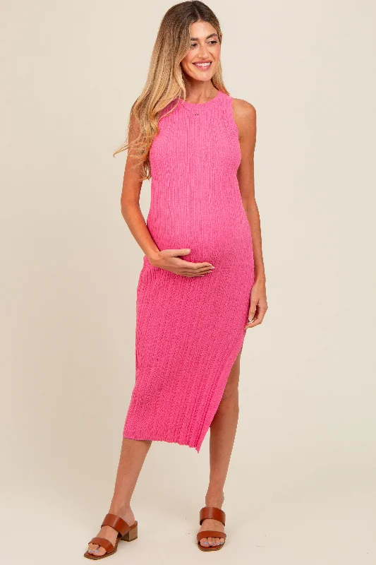 Printed - animal - pattern midi dress for a wild and trendy lookPink Ribbed Side Slit Sleeveless Maternity Midi Dress