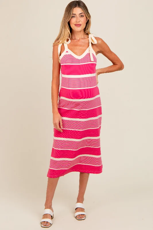Asymmetric hem midi dress for a unique and fashionable stylePink Striped Shoulder Tie Side Slit Maternity Midi Dress