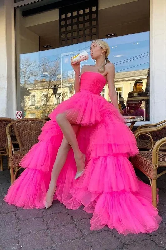 Neon Colored Party Dresses with Cut Out Details for Ladies' Rave PartiesPrincess A Line High Low Strapless Pink Tulle Long Prom Dress PSK343 Neon Colored Party Dresses with Cut Out Details for Ladies' Rave PartiesPrincess A Line High Low Strapless Pink Tulle Long Prom Dress PSK343