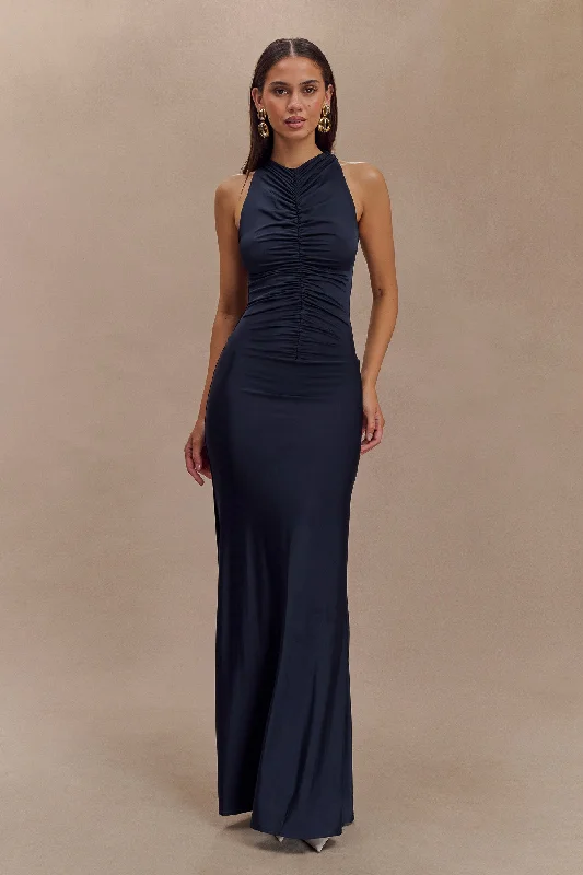Party Dresses with Tassel Hem and Metallic Lace for Ladies' Boho and Luxurious LookPriya Slinky Ruched Halter Maxi Dress - Navy Party Dresses with Tassel Hem and Metallic Lace for Ladies' Boho and Luxurious LookPriya Slinky Ruched Halter Maxi Dress - Navy