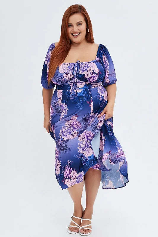 Long - train midi dress for a formal and dramatic lookPurple Floral Midi Dress Short Sleeve Ruffle