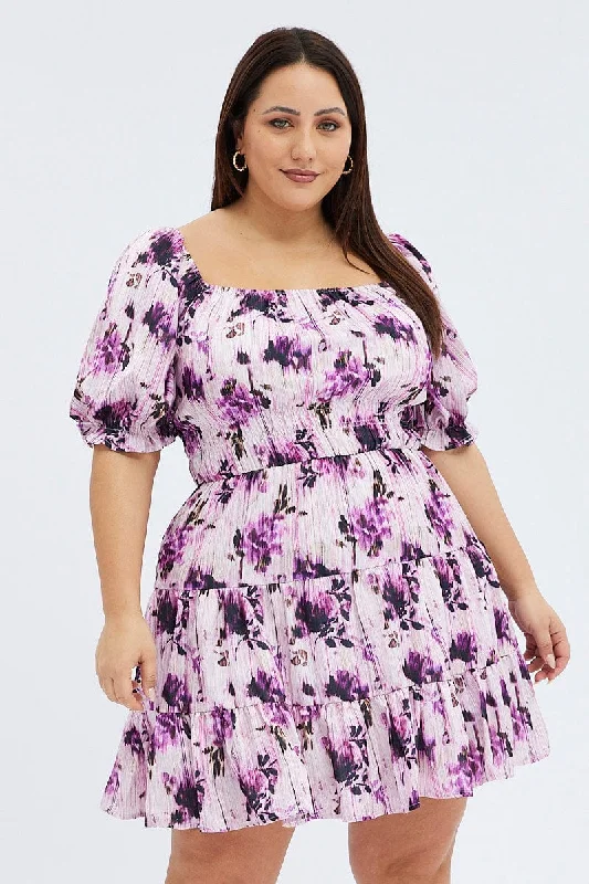 Party Dresses with Satin and Lace Trimmed Neckline and Ruffled Sleeves and Embroidered Skirt for Ladies' Sophisticated and Intricate LookPurple Floral Skater Dress Gather Frill Hem Party Dresses with Satin and Lace Trimmed Neckline and Ruffled Sleeves and Embroidered Skirt for Ladies' Sophisticated and Intricate LookPurple Floral Skater Dress Gather Frill Hem