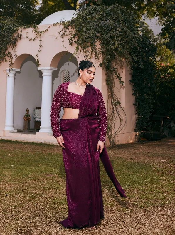 Party Dresses with Embroidered Tribal Patterns and Satin Sash for Ladies' Cultural and Stylish LookDania Plum Chiffon Pre- Draped Saree Set Party Dresses with Embroidered Tribal Patterns and Satin Sash for Ladies' Cultural and Stylish LookDania Plum Chiffon Pre- Draped Saree Set