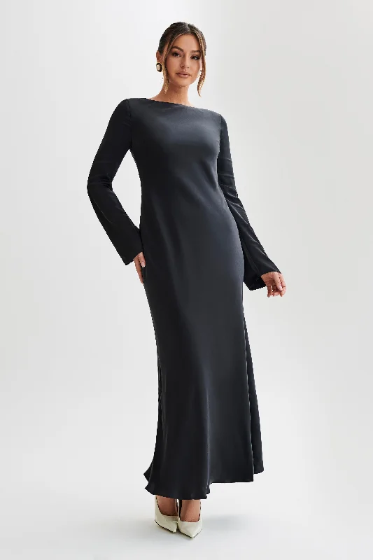 Beaded Party Dresses with Tulle Skirt for Ladies' Formal DancesRayleigh Long Sleeve Satin Maxi Dress - Black